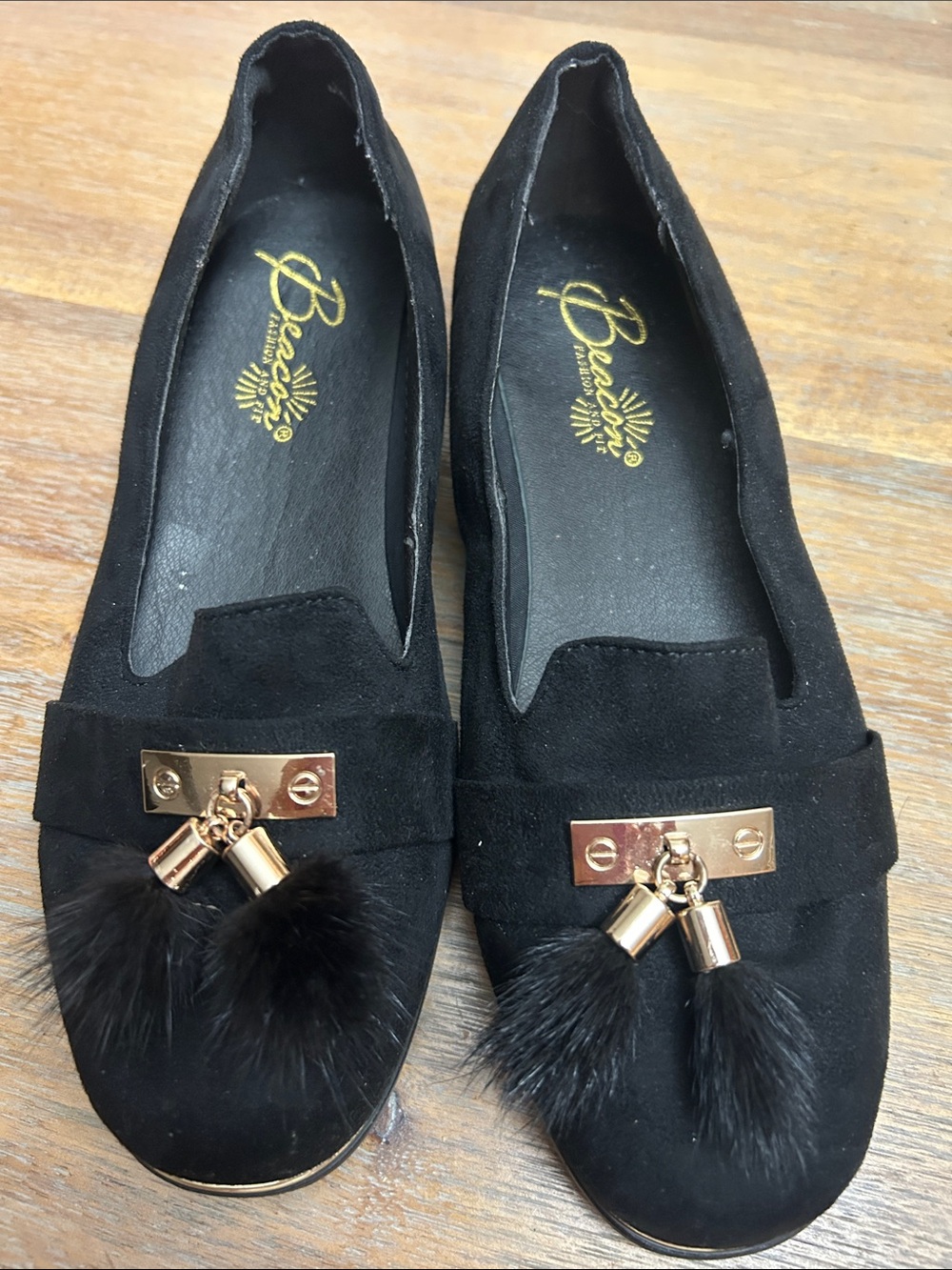Beacon Black Faux Suede Loafers with Gold Tassel Caps and Pom Pom Accents